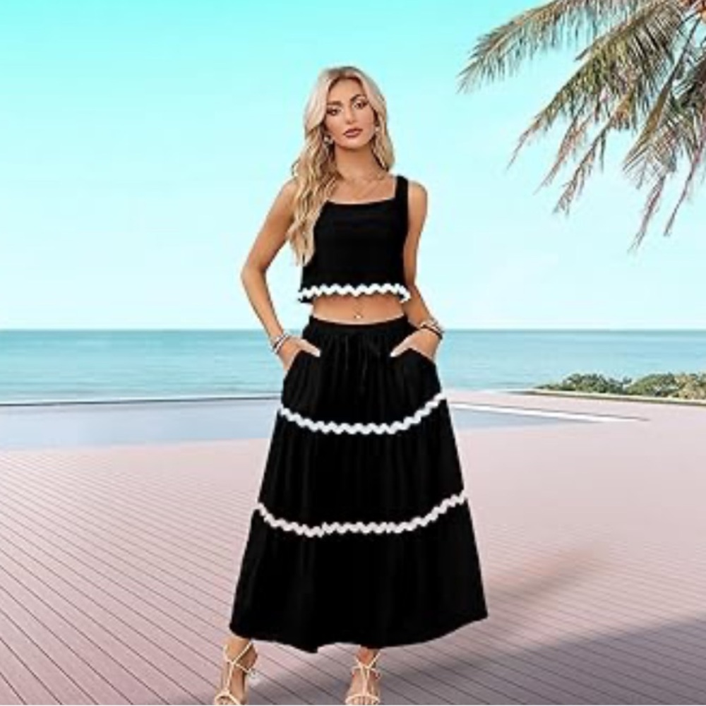 PRETTYGARDEN 2 Piece Casual Sleeveless Cropped Tank Top  Maxi Skirt Set SIZE S